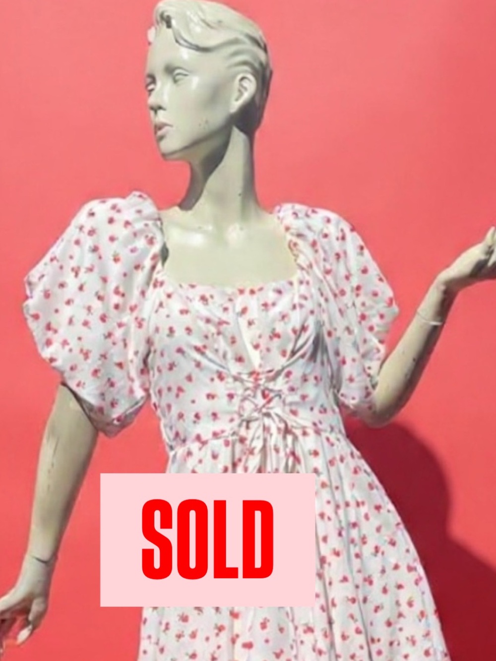✨SOLD✨White Dress with Red Floral Print with lace up front and Puff Sleeves